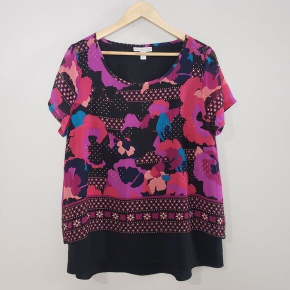 🦋3/$20 Dana Buchman Large Pink Purple Print Short Sleeve Layered Boxy Top - Picture 1 of 9